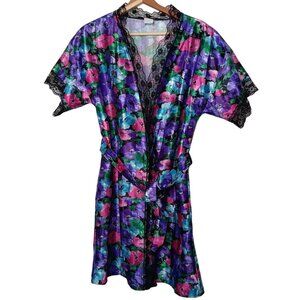 Vintage 80s Private Moments M Robe Knee Length Colorful Floral Black Lace Belted